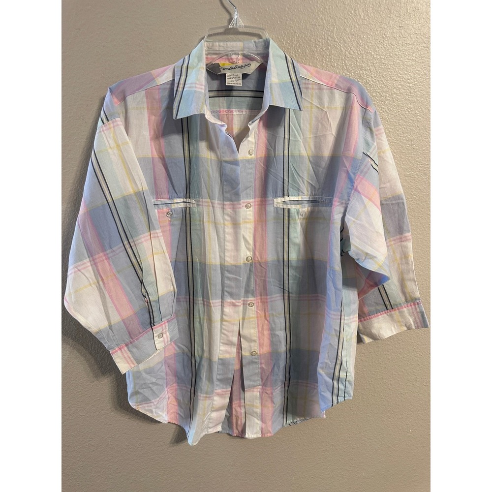 VINTAGE Diane Von Furstenberg Women's Plaid ‎ Shirt 3/4 Sleeve Cotton Blend